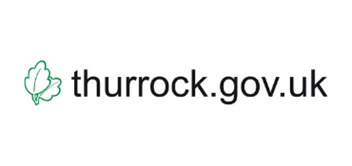 Black thurrock.gov.uk logo with a green logo on a white logo.