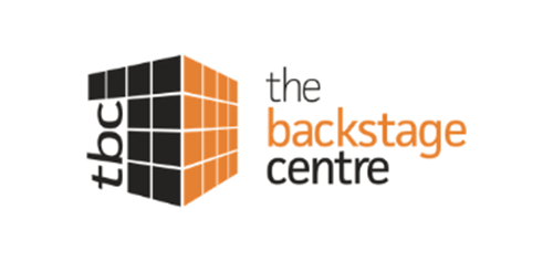 Black and orange Backstage Centre logo on a white background.